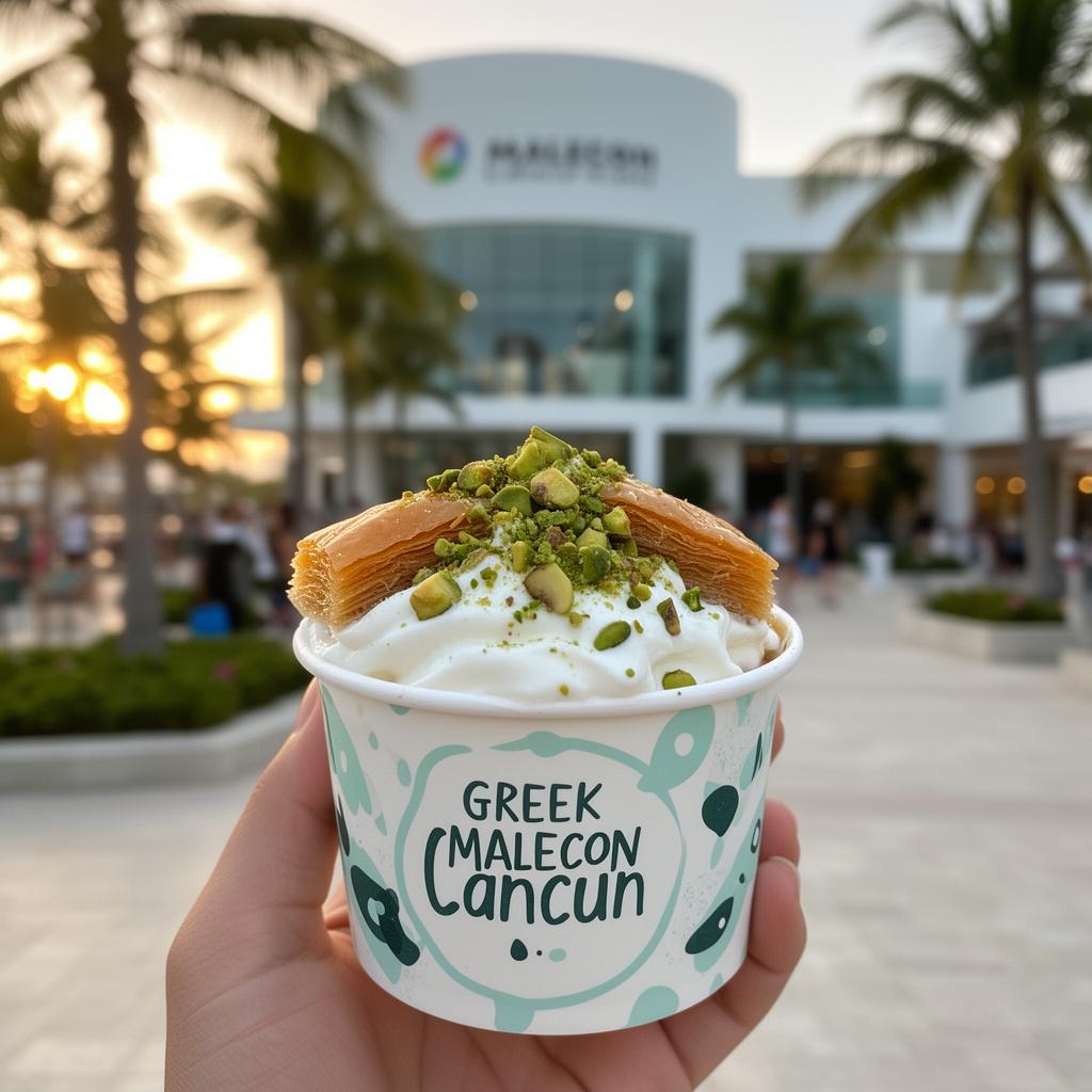 Greek frozen yogurt con pistache y baklava en Malecón Cancún