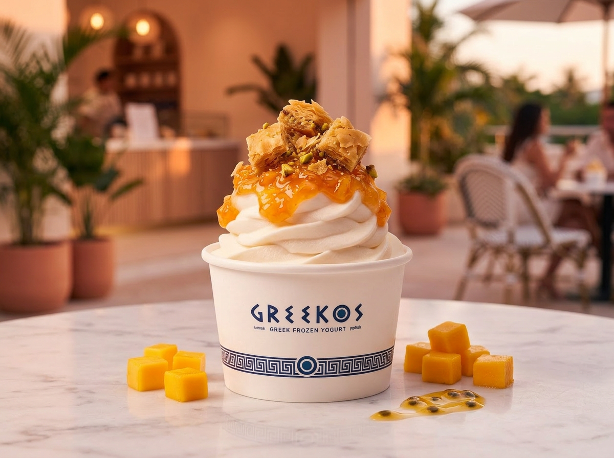 Greek frozen yogurt con pistache y baklava en Malecón Cancún